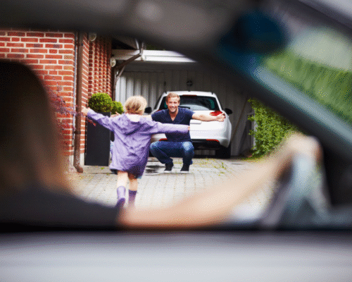 Child runs with open arms toward a smiling parent while another parent looks on from a car, symbolizing parenting coordinator Pennsylvania divorce. The image highlights co-parenting conflict resolution PA, decision-making neutral family law, and the role of a court-appointed parenting monitor in high-conflict custody cases.