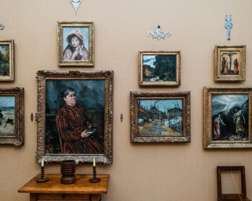 Framed artwork displayed on a gallery wall, including portraits, landscapes, and religious scenes. Image represents art collection divorce in Pennsylvania, artwork appraisal, and division of high-value assets in separation cases.